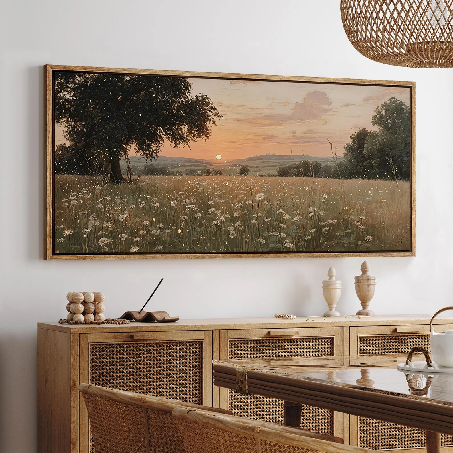 Large Framed Canvas Vintage Wildflower Wall Art, Abstract Botanical Field Landscape Print, Rustic Pastoral Nature Living Room Decor