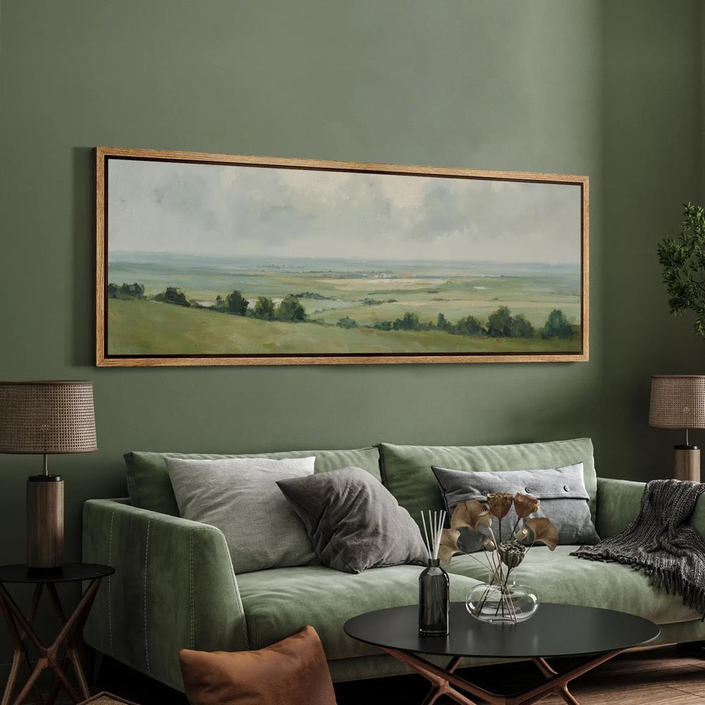 Serene Green Meadow Landscape Wall Art, Large Framed Tranquil Countryside Canvas Print, Soft Sky Horizon Artwork for Living Room Decor