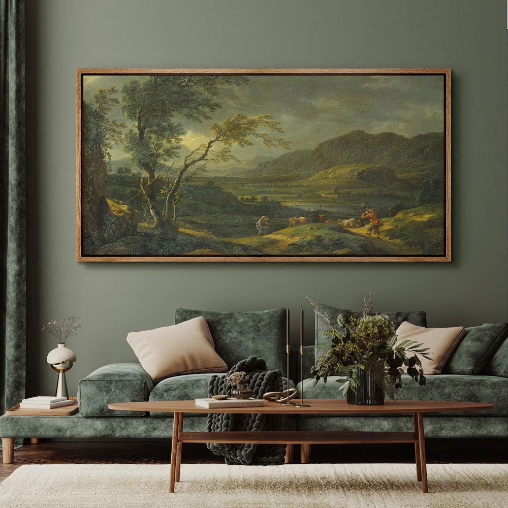 Large Framed Vintage Landscape Wall Art, Pastoral Countryside Scene with Shepherd Canvas Print, Rustic Nature Decor for Living Room
