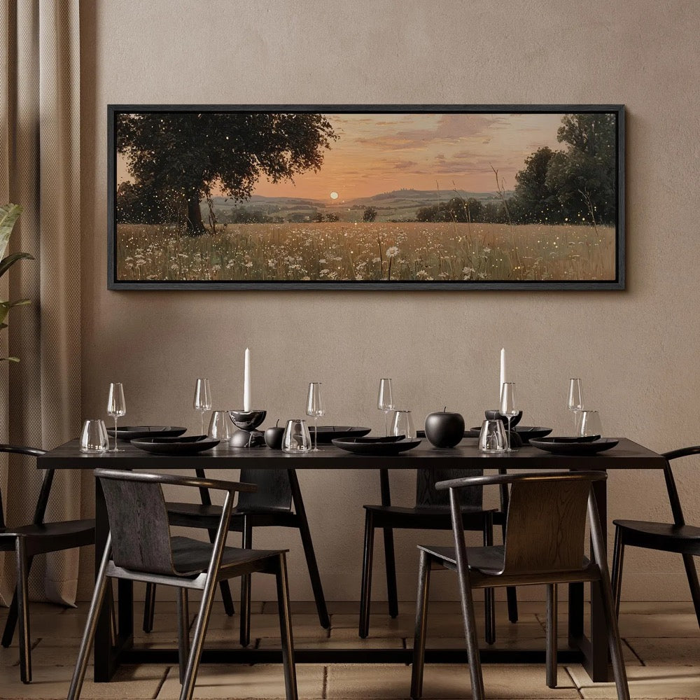 Wildflower Field Sunset Wall Art, Large Framed Golden Field Landscape Canvas Print, Rustic Countryside Living Room Decor