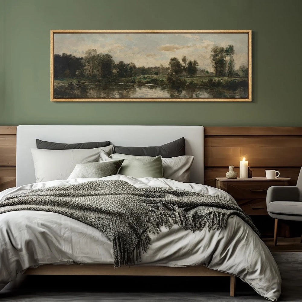 Riverside Landscape Wall Art, Large Framed Vintage European Oil Painting Canvas Print, Classic Nature Artwork for Living Room or Study Decor