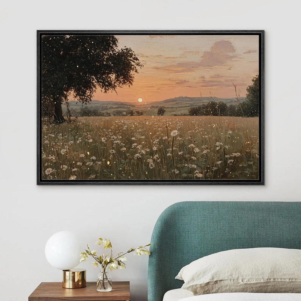 Wildflower Field Sunset Wall Art, Large Framed Golden Field Landscape Canvas Print, Rustic Countryside Living Room Decor