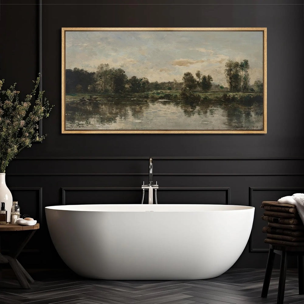 Riverside Landscape Wall Art, Large Framed Vintage European Oil Painting Canvas Print, Classic Nature Artwork for Living Room or Study Decor