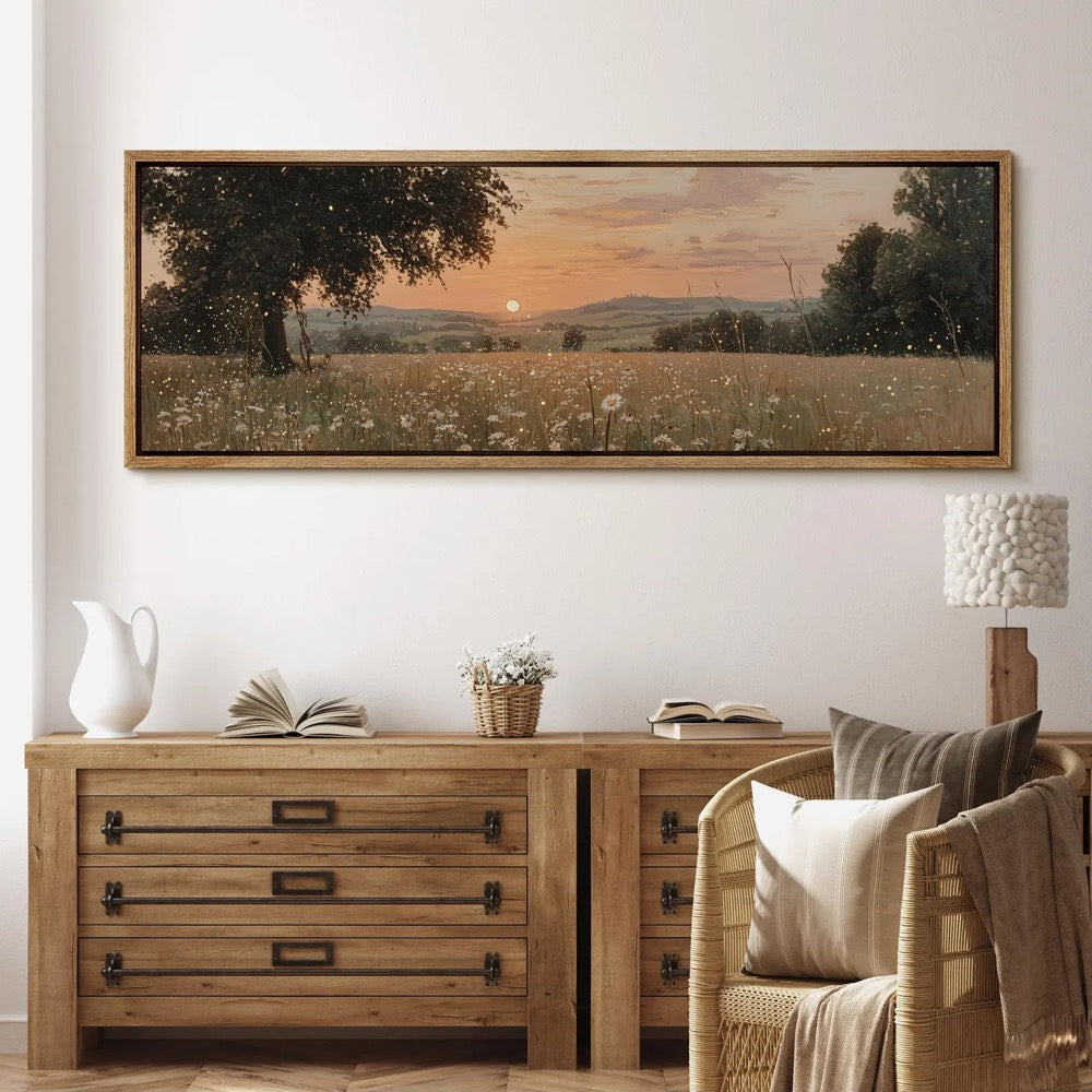 Wildflower Field Sunset Wall Art, Large Framed Golden Field Landscape Canvas Print, Rustic Countryside Living Room Decor