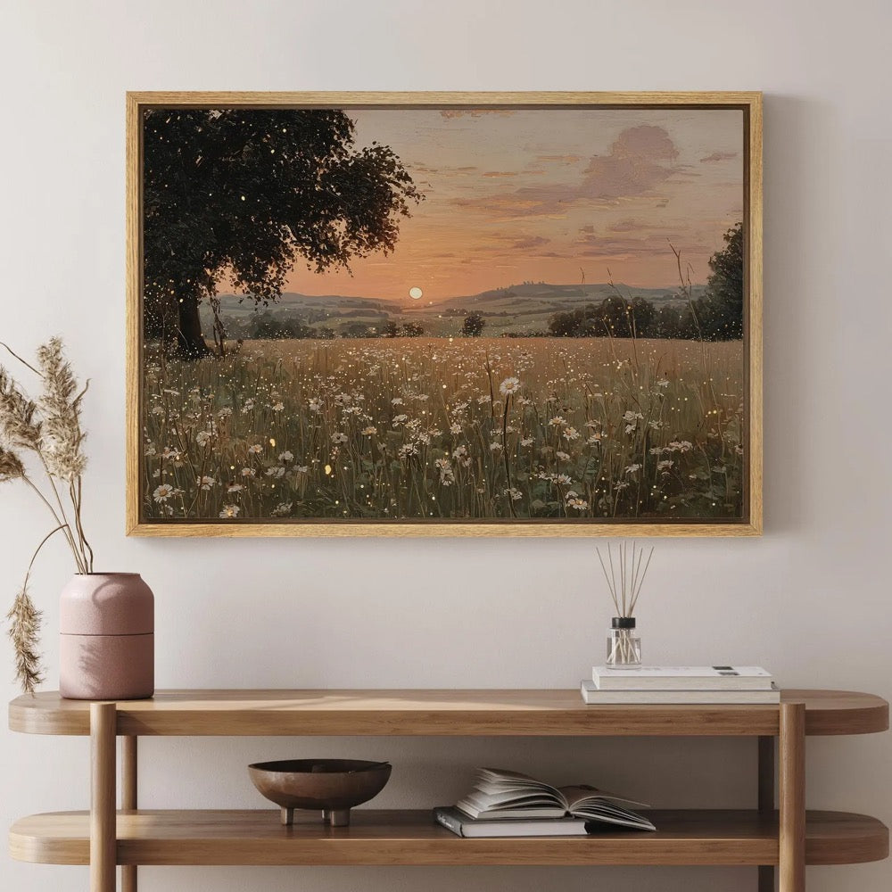 Wildflower Field Sunset Wall Art, Large Framed Golden Field Landscape Canvas Print, Rustic Countryside Living Room Decor