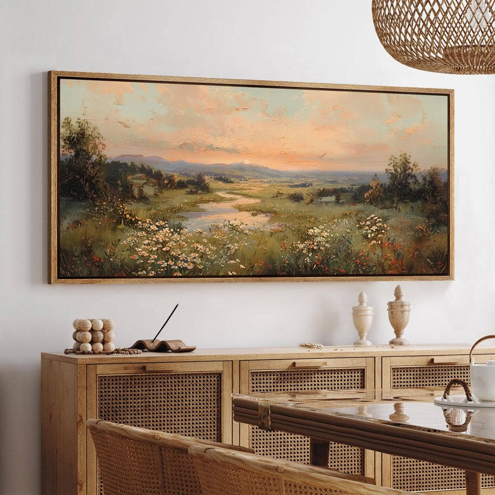 Large Framed Vintage Sunset Landscape Wall Art, Wildflower Meadow River Canvas Print, Romantic Countryside Nature Decor