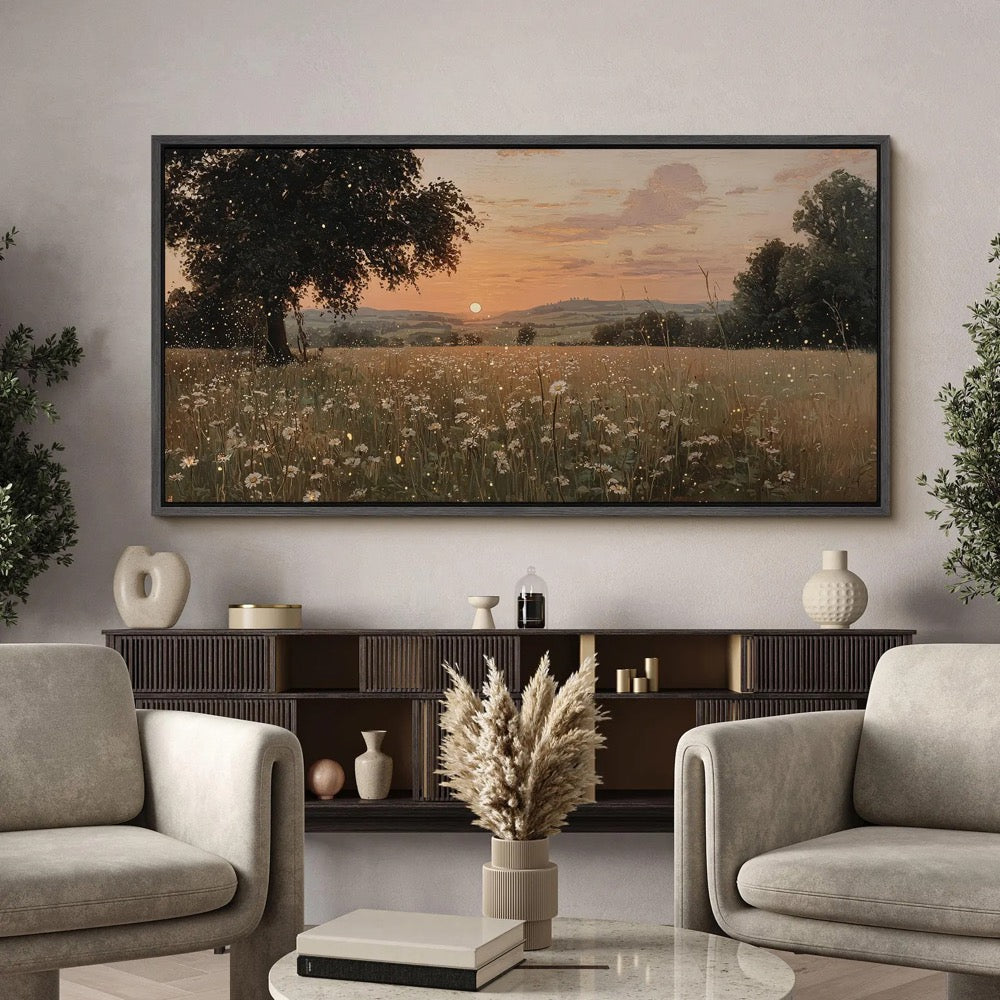 Wildflower Field Sunset Wall Art, Large Framed Golden Field Landscape Canvas Print, Rustic Countryside Living Room Decor
