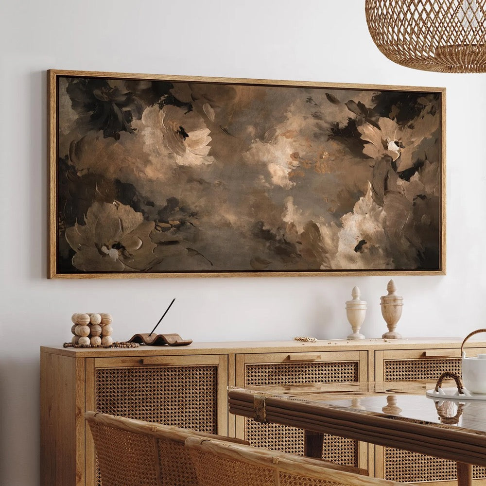 Dark Floral Abstract Wall Art, Large Framed Moody Brown Botanical Canvas Print, Elegant Vintage Flower Decor for Living Room or Bedroom