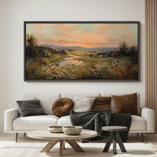 Large Framed Vintage Sunset Landscape Wall Art, Wildflower Meadow River Canvas Print, Romantic Countryside Nature Decor
