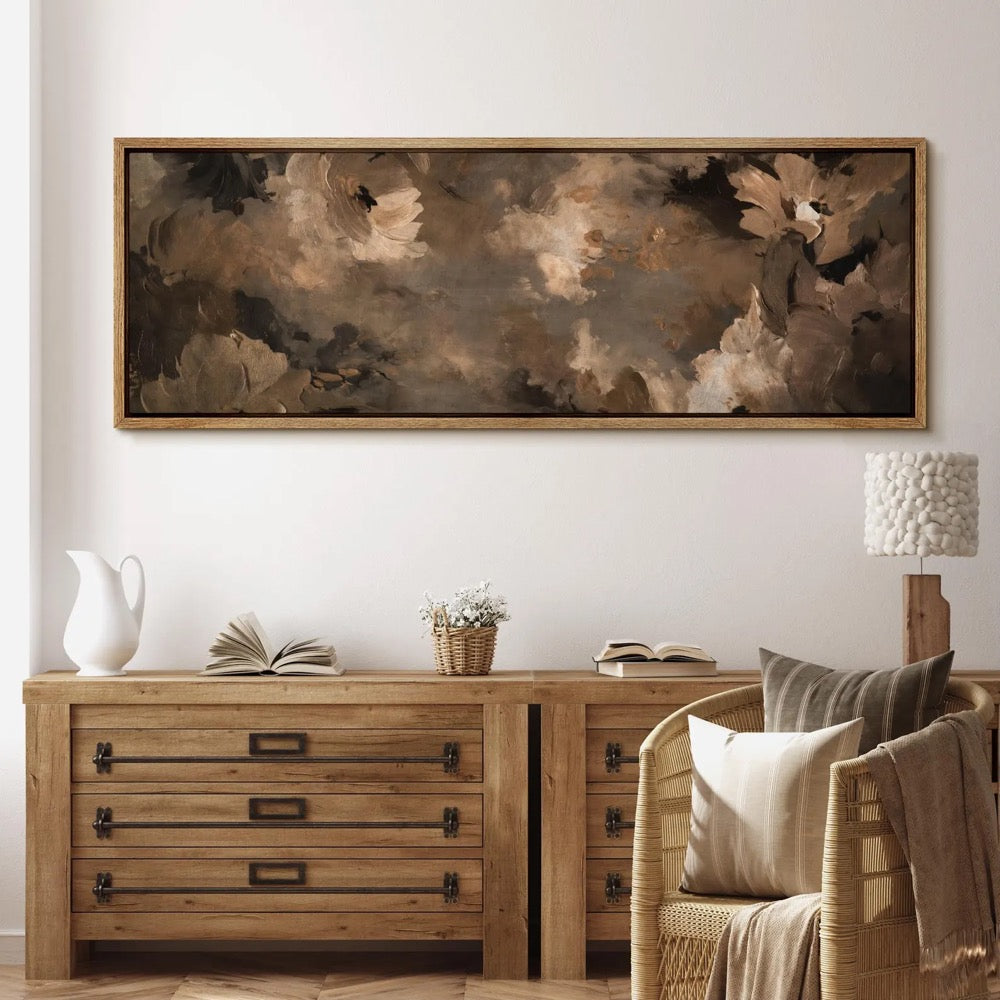 Dark Floral Abstract Wall Art, Large Framed Moody Brown Botanical Canvas Print, Elegant Vintage Flower Decor for Living Room or Bedroom