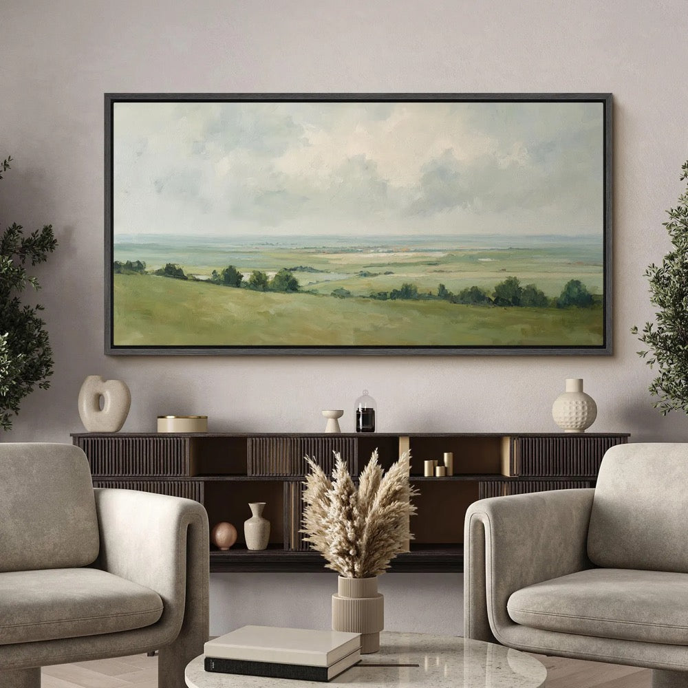Serene Green Meadow Landscape Wall Art, Large Framed Tranquil Countryside Canvas Print, Soft Sky Horizon Artwork for Living Room Decor