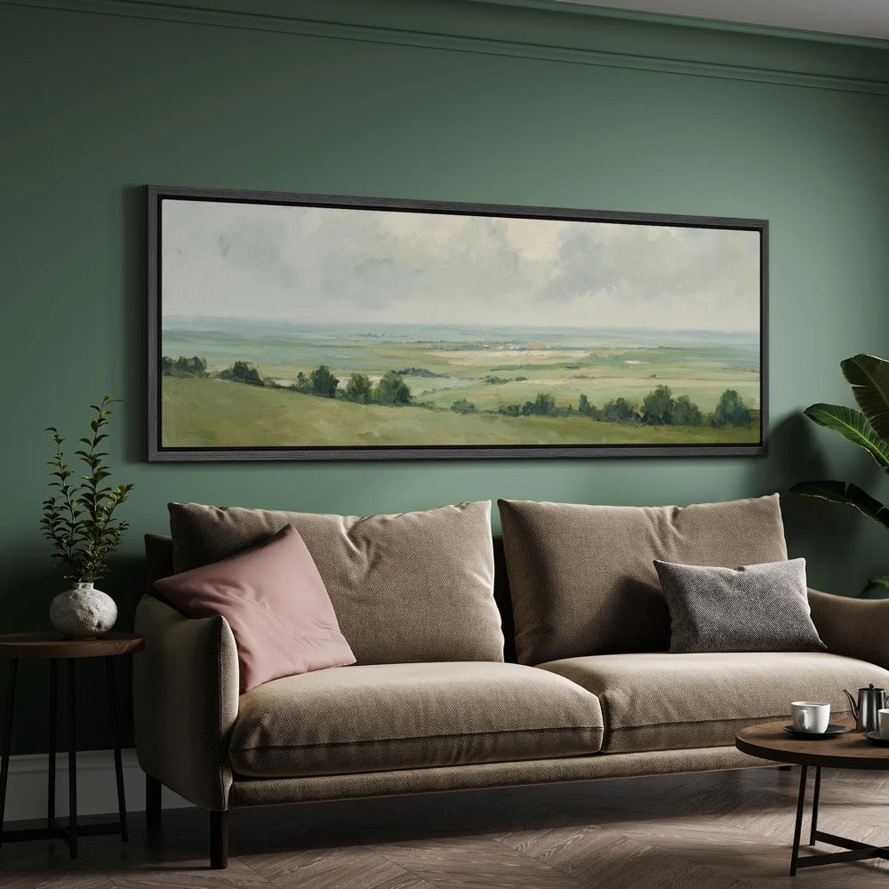 Serene Green Meadow Landscape Wall Art, Large Framed Tranquil Countryside Canvas Print, Soft Sky Horizon Artwork for Living Room Decor