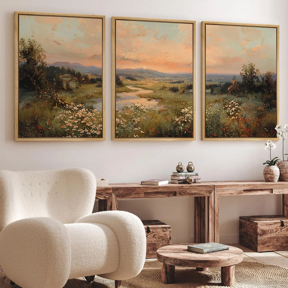 Large Framed Vintage Sunset Landscape Wall Art, Wildflower Meadow River Canvas Print, Romantic Countryside Nature Decor