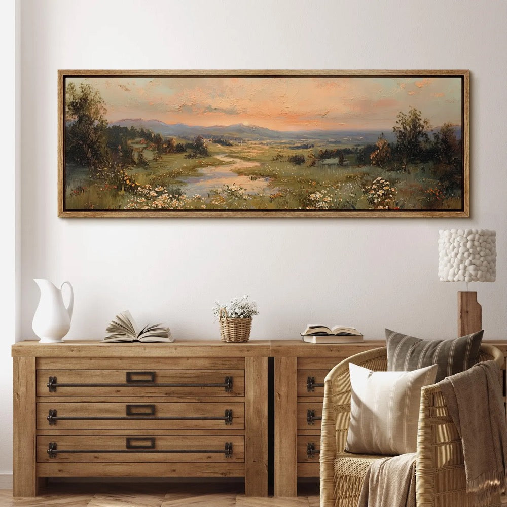 Large Framed Vintage Sunset Landscape Wall Art, Wildflower Meadow River Canvas Print, Romantic Countryside Nature Decor