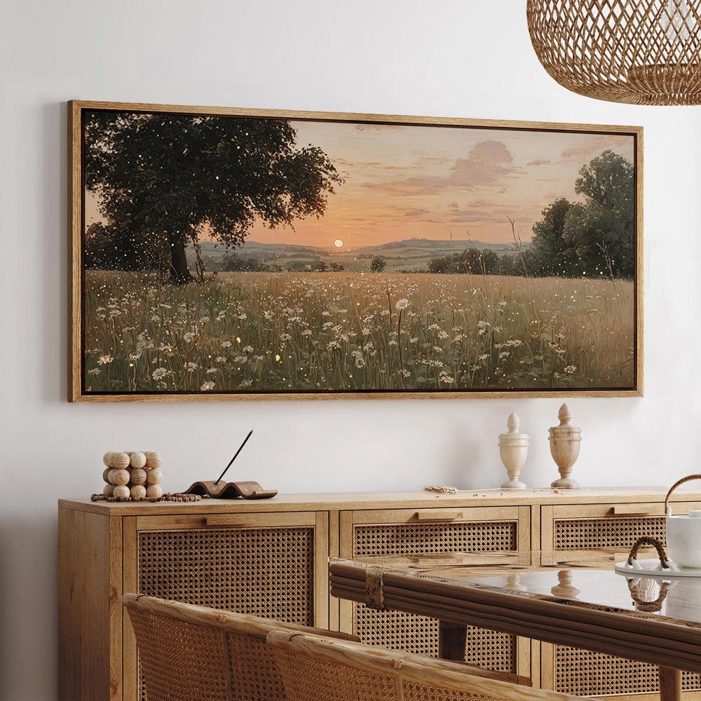 Wildflower Field Sunset Wall Art, Large Framed Golden Field Landscape Canvas Print, Rustic Countryside Living Room Decor