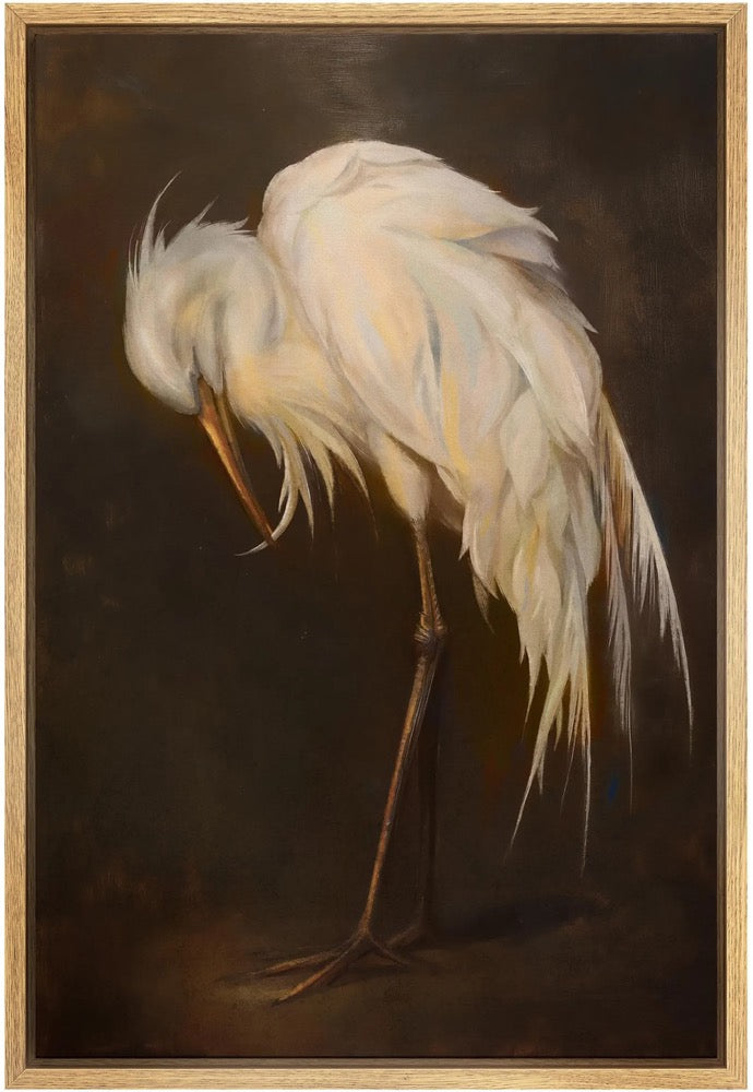 Vintage Egret Wall Art - Framed White Bird Canvas Print, Elegant Wildlife Painting on Dark Background for Living Room or Study Decor