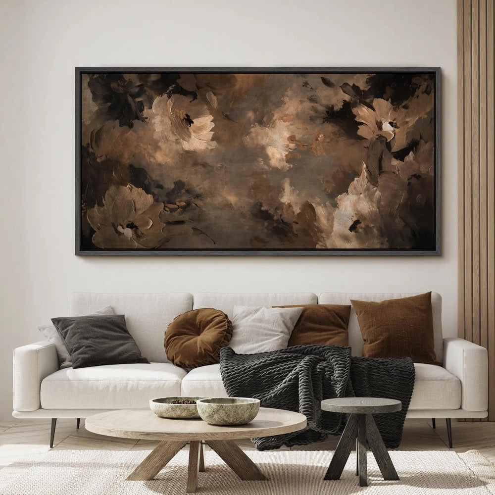 Dark Floral Abstract Wall Art, Large Framed Moody Brown Botanical Canvas Print, Elegant Vintage Flower Decor for Living Room or Bedroom