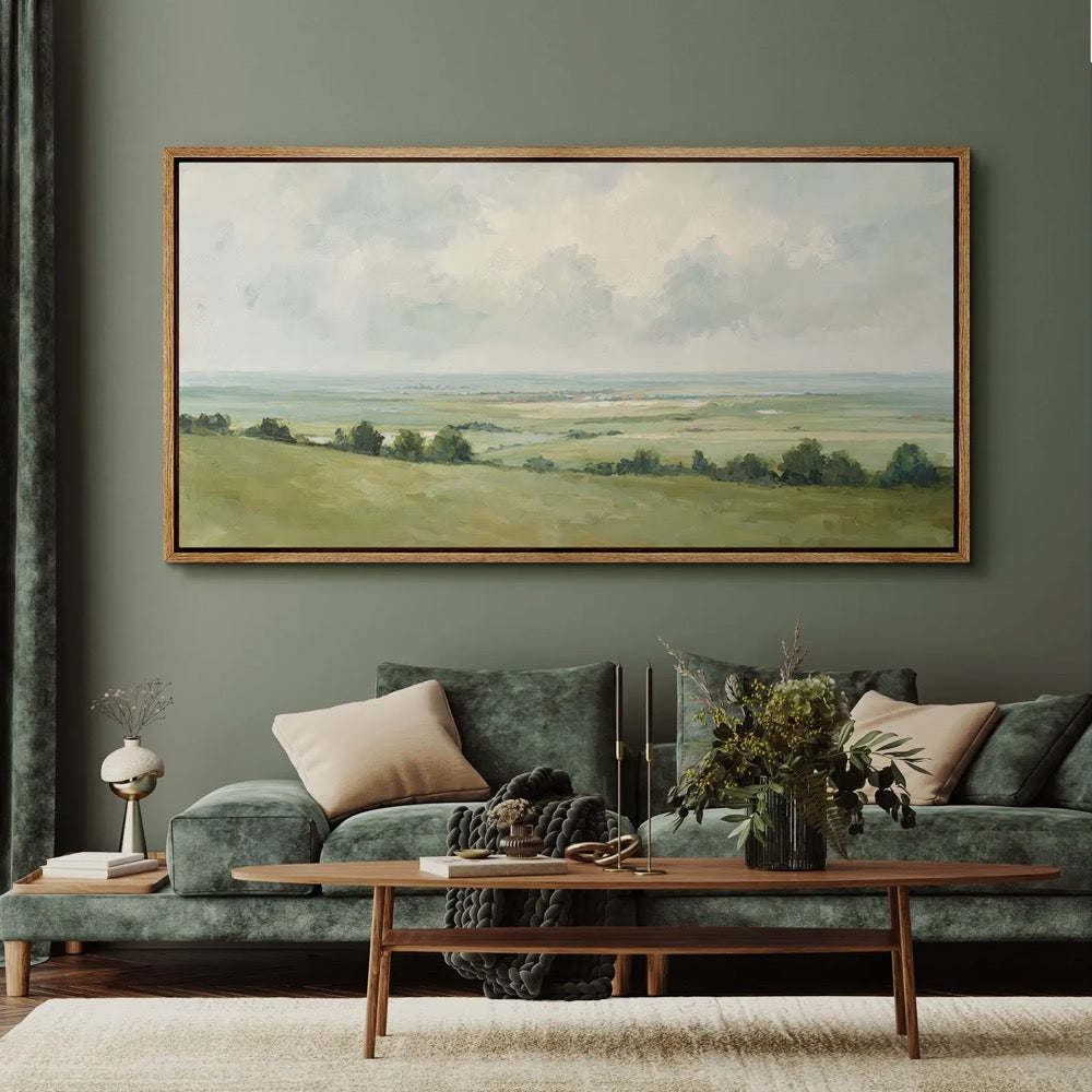 Serene Green Meadow Landscape Wall Art, Large Framed Tranquil Countryside Canvas Print, Soft Sky Horizon Artwork for Living Room Decor