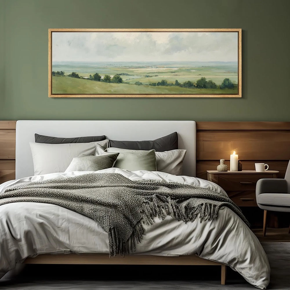Serene Green Meadow Landscape Wall Art, Large Framed Tranquil Countryside Canvas Print, Soft Sky Horizon Artwork for Living Room Decor