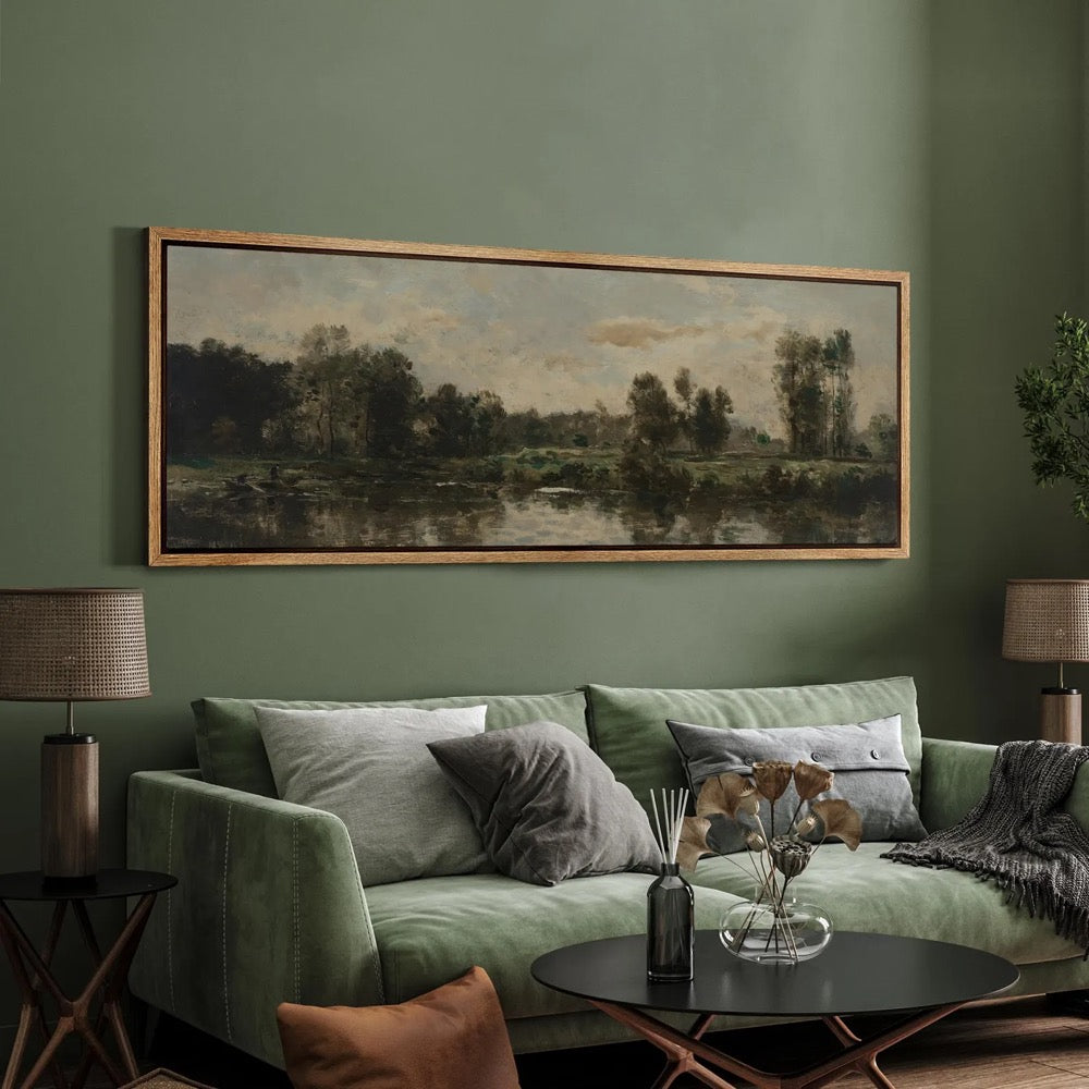 Riverside Landscape Wall Art, Large Framed Vintage European Oil Painting Canvas Print, Classic Nature Artwork for Living Room or Study Decor