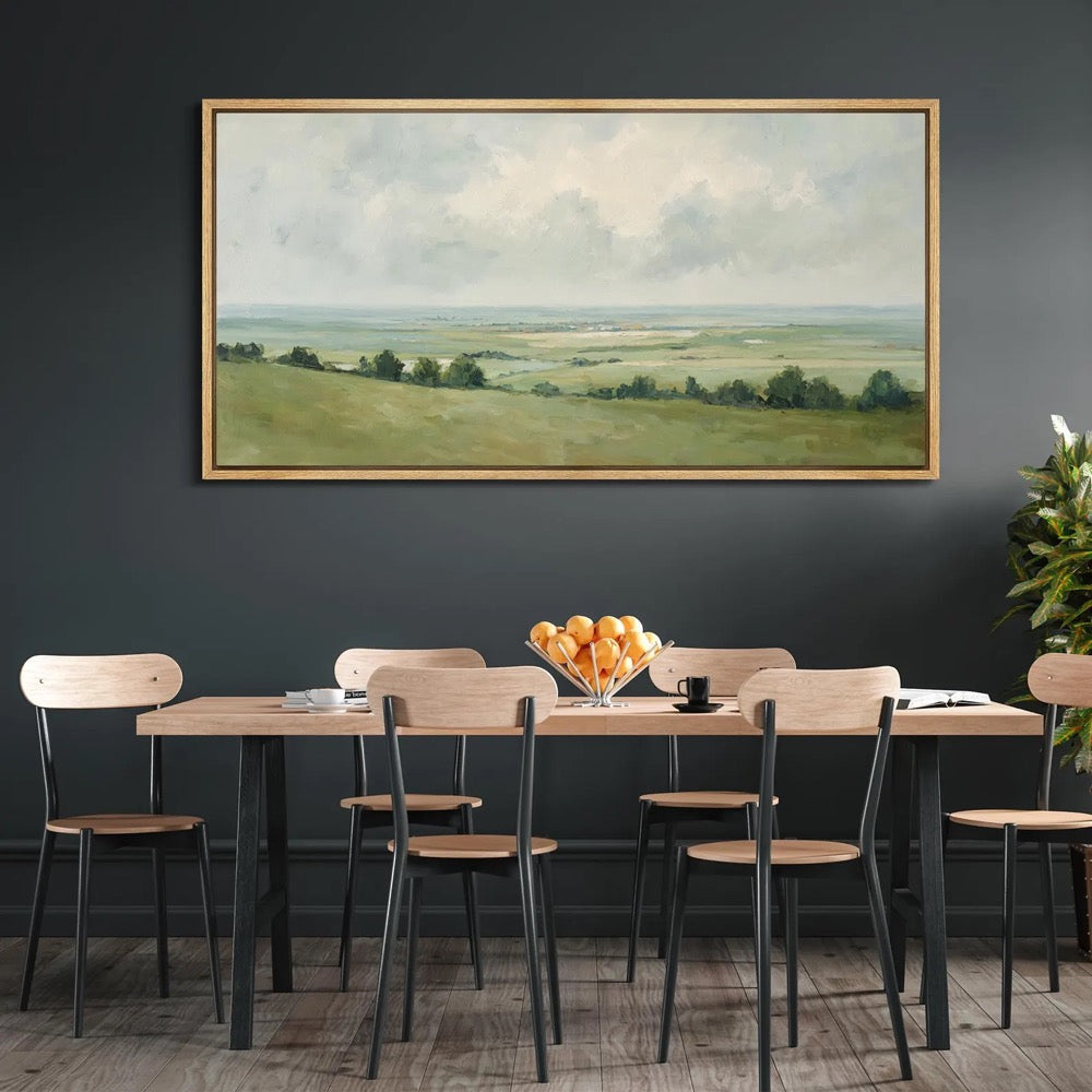 Serene Green Meadow Landscape Wall Art, Large Framed Tranquil Countryside Canvas Print, Soft Sky Horizon Artwork for Living Room Decor