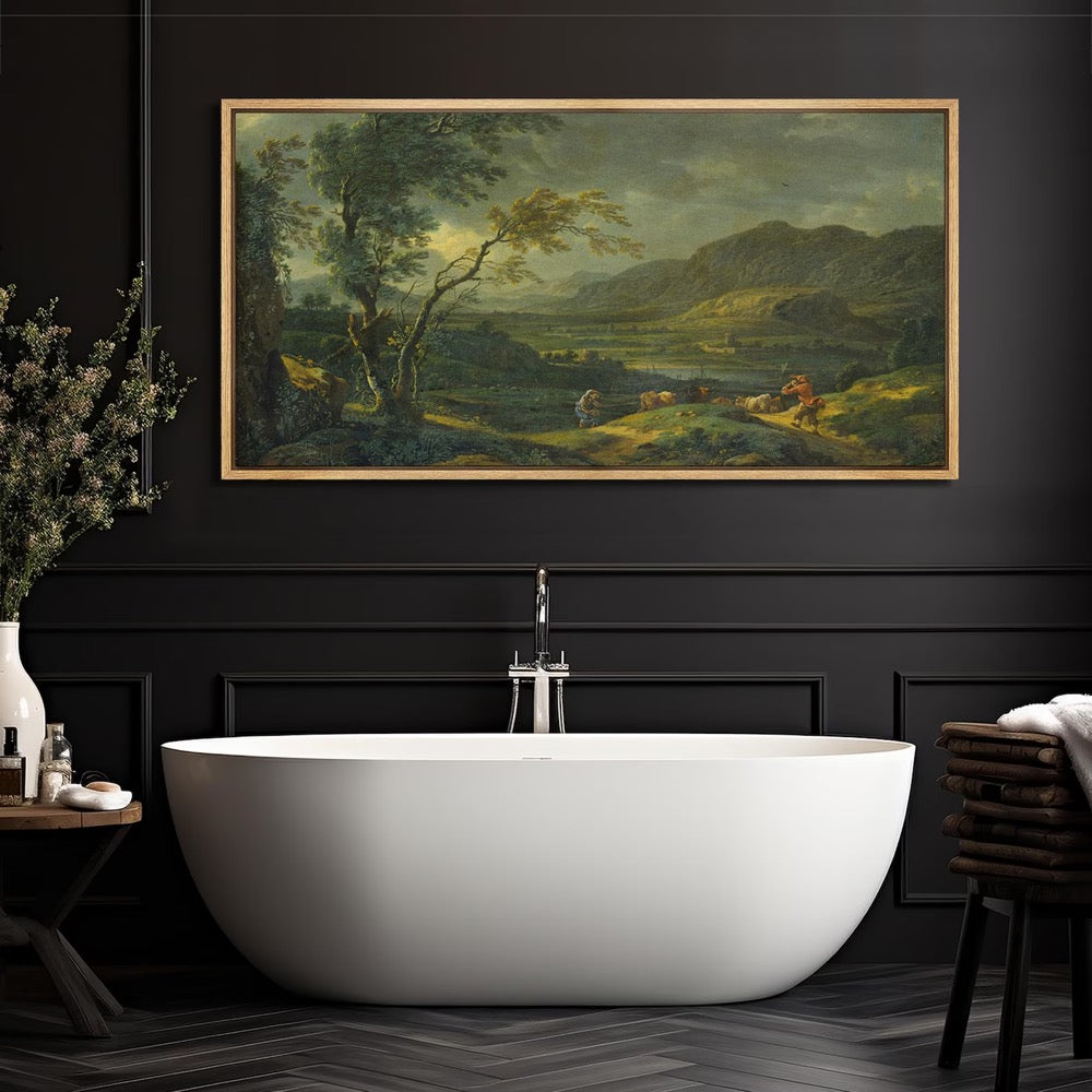Large Framed Vintage Landscape Wall Art, Pastoral Countryside Scene with Shepherd Canvas Print, Rustic Nature Decor for Living Room
