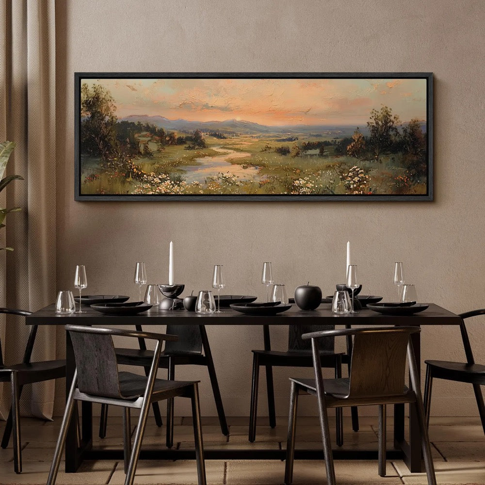 Large Framed Vintage Sunset Landscape Wall Art, Wildflower Meadow River Canvas Print, Romantic Countryside Nature Decor