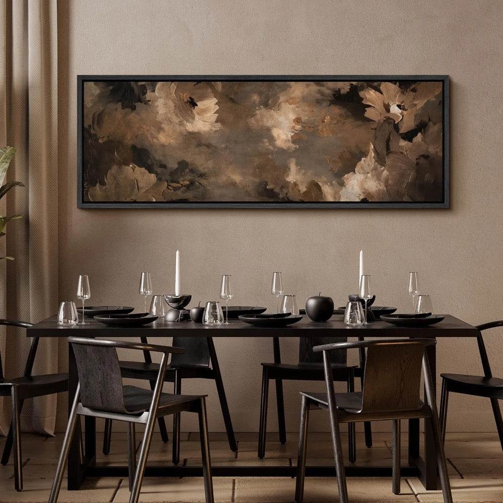 Dark Floral Abstract Wall Art, Large Framed Moody Brown Botanical Canvas Print, Elegant Vintage Flower Decor for Living Room or Bedroom