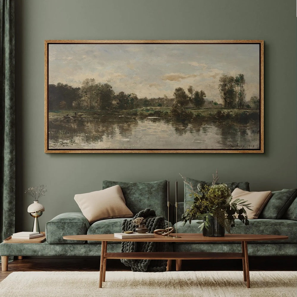 Riverside Landscape Wall Art, Large Framed Vintage European Oil Painting Canvas Print, Classic Nature Artwork for Living Room or Study Decor