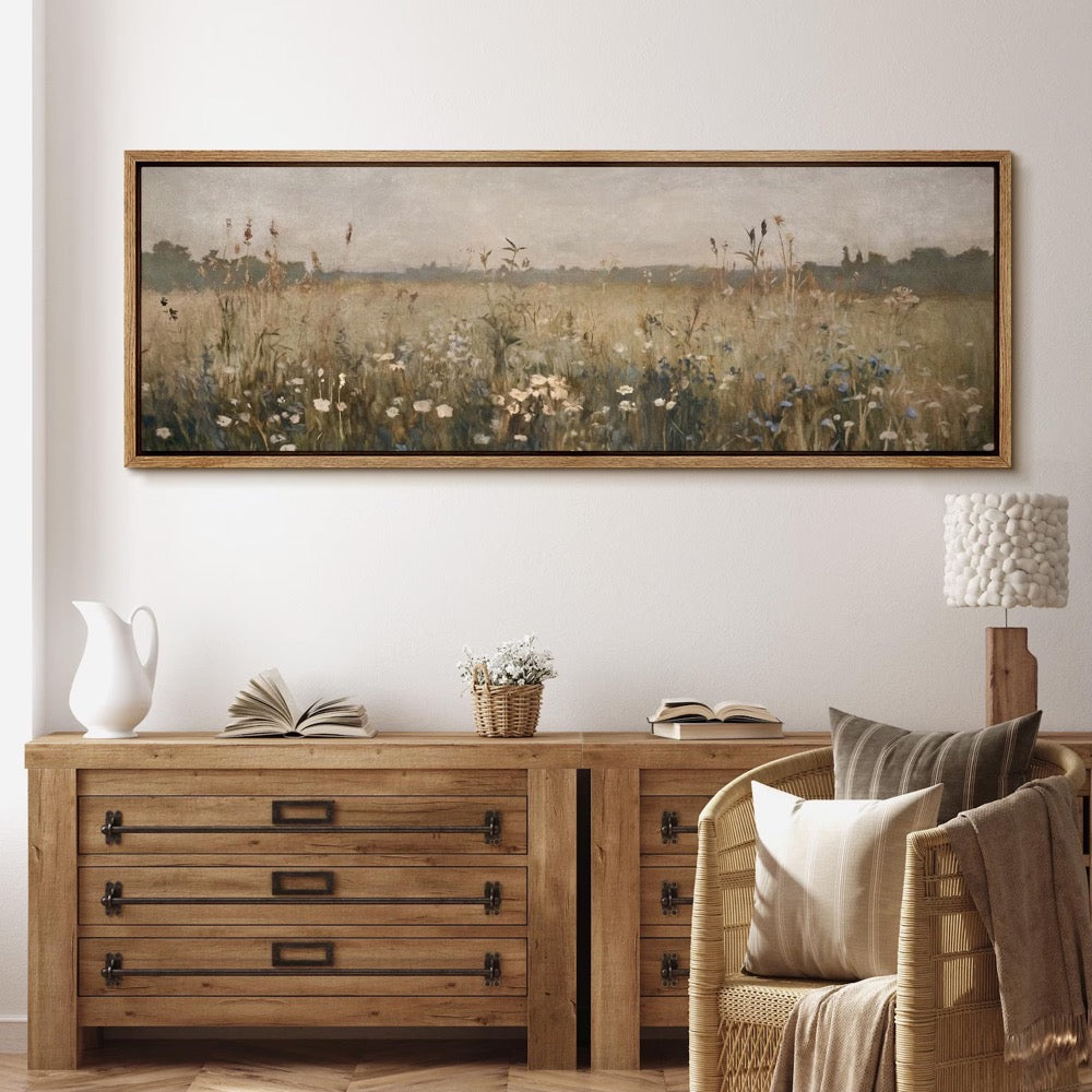 Large Framed Canvas Vintage Wildflower Wall Art, Abstract Botanical Field Landscape Print, Rustic Pastoral Nature Living Room Decor
