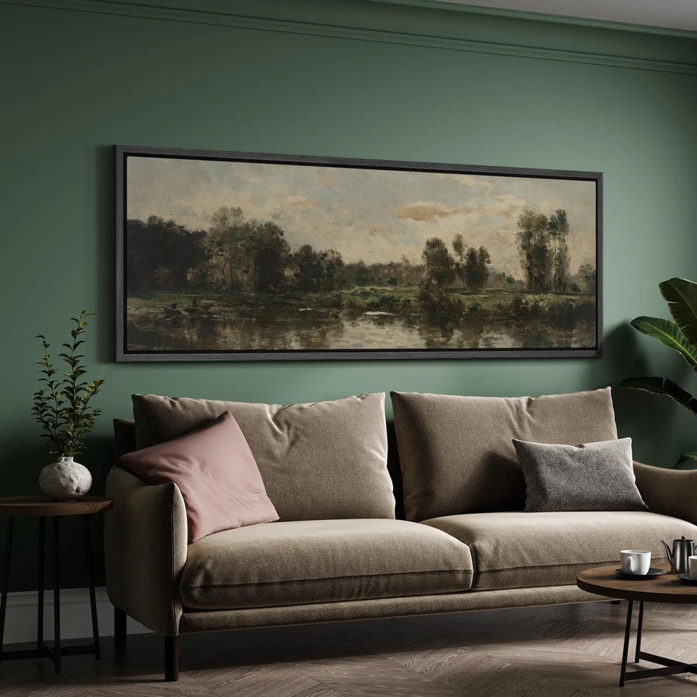 Riverside Landscape Wall Art, Large Framed Vintage European Oil Painting Canvas Print, Classic Nature Artwork for Living Room or Study Decor