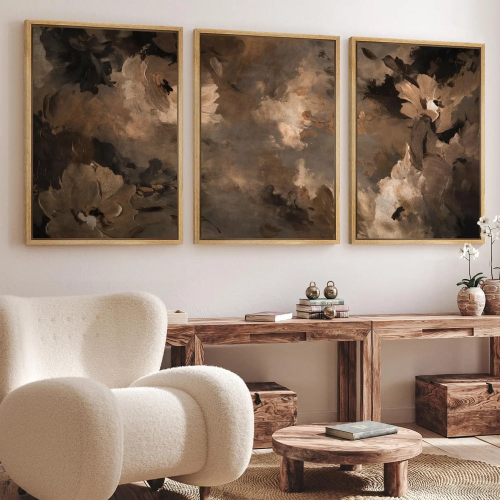 Dark Floral Abstract Wall Art, Large Framed Moody Brown Botanical Canvas Print, Elegant Vintage Flower Decor for Living Room or Bedroom