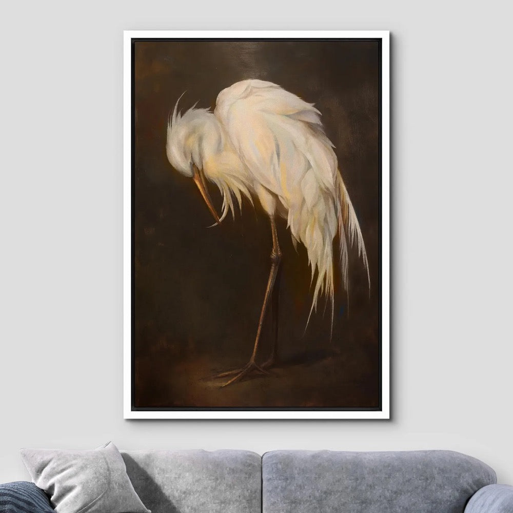 Vintage Egret Wall Art - Framed White Bird Canvas Print, Elegant Wildlife Painting on Dark Background for Living Room or Study Decor