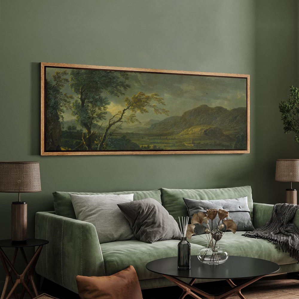 Large Framed Vintage Landscape Wall Art, Pastoral Countryside Scene with Shepherd Canvas Print, Rustic Nature Decor for Living Room