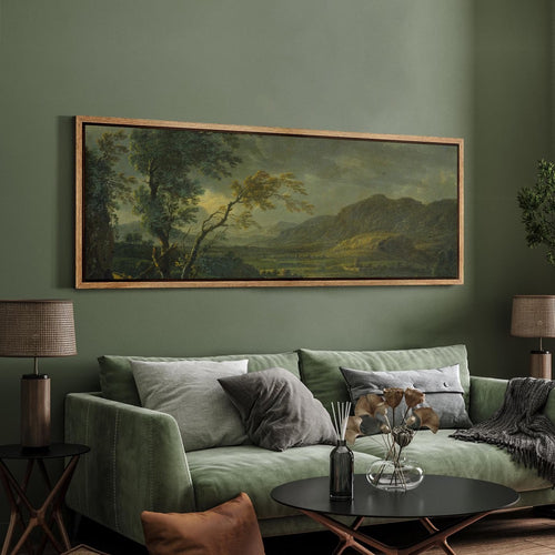 Large Framed Vintage Landscape Wall Art, Pastoral Countryside Scene with Shepherd Canvas Print, Rustic Nature Decor for Living Room