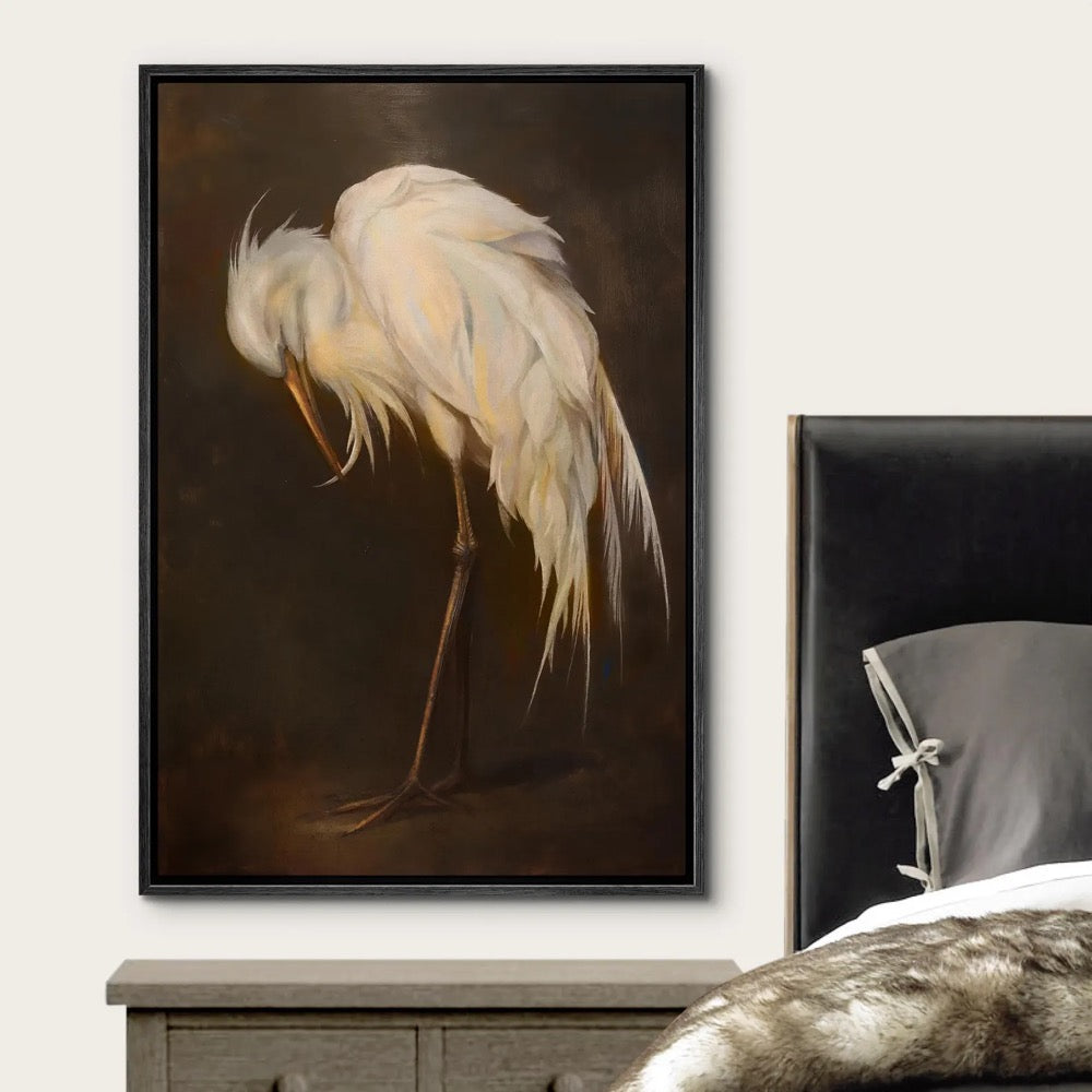 Vintage Egret Wall Art - Framed White Bird Canvas Print, Elegant Wildlife Painting on Dark Background for Living Room or Study Decor