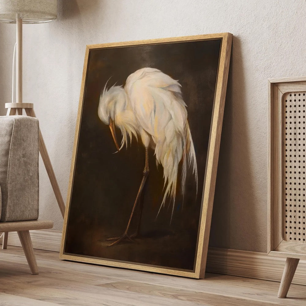 Vintage Egret Wall Art - Framed White Bird Canvas Print, Elegant Wildlife Painting on Dark Background for Living Room or Study Decor