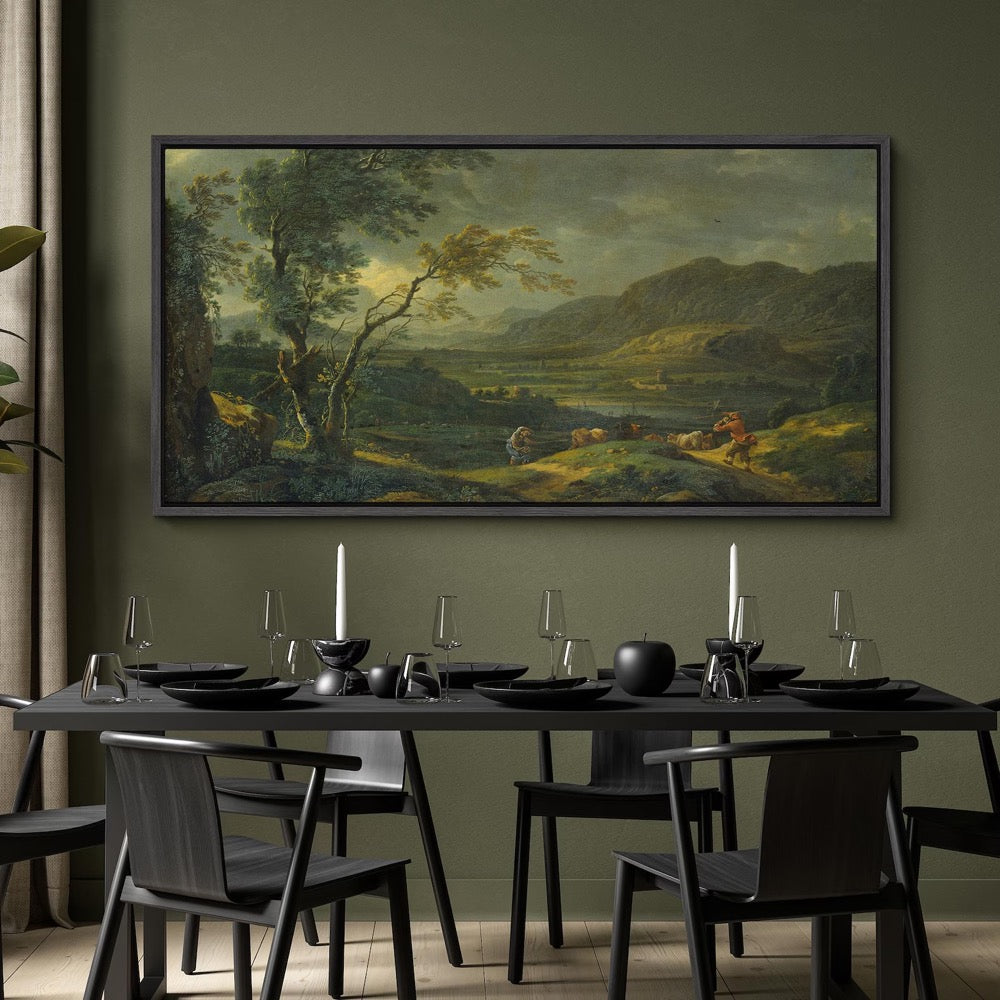 Large Framed Vintage Landscape Wall Art, Pastoral Countryside Scene with Shepherd Canvas Print, Rustic Nature Decor for Living Room
